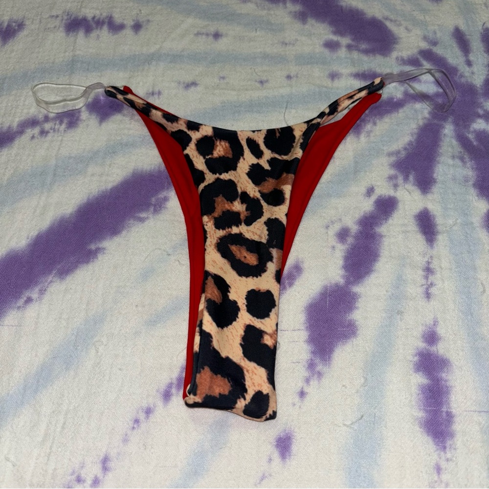 NWOT SHEIN Leopard Print Red Reversible Tanga Bikini Bottom Size Medium